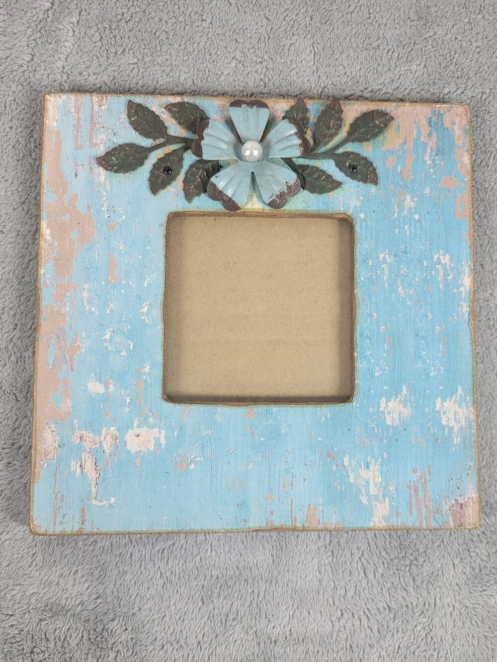 Shabby Chic Distressed Light Blue Photo Frame Rustic Metal Floral Wall S57E
